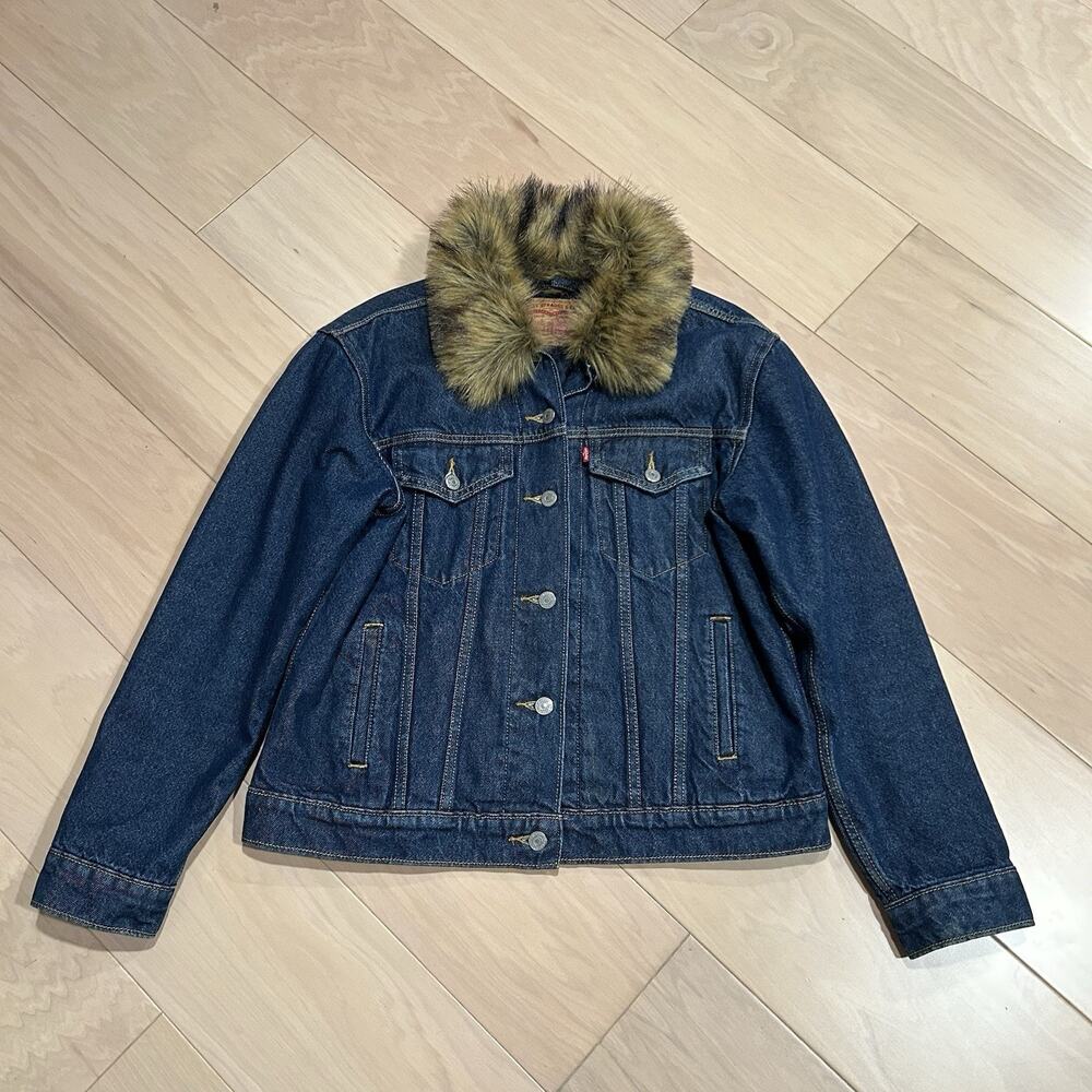 Levi's Ex-Boyfriend Faux Fur Collar Denim Trucker Jacket Women's Large